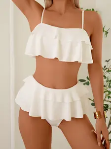Women's Two-Piece Plain Color Fashion Ruffle Bikini Set, High-Waisted Swimsuit, Ruffle Hem Swimsuit, Stylish Swimwear for Women, Beach & Pool Wear, Bikinis Set, Bikini Outfits