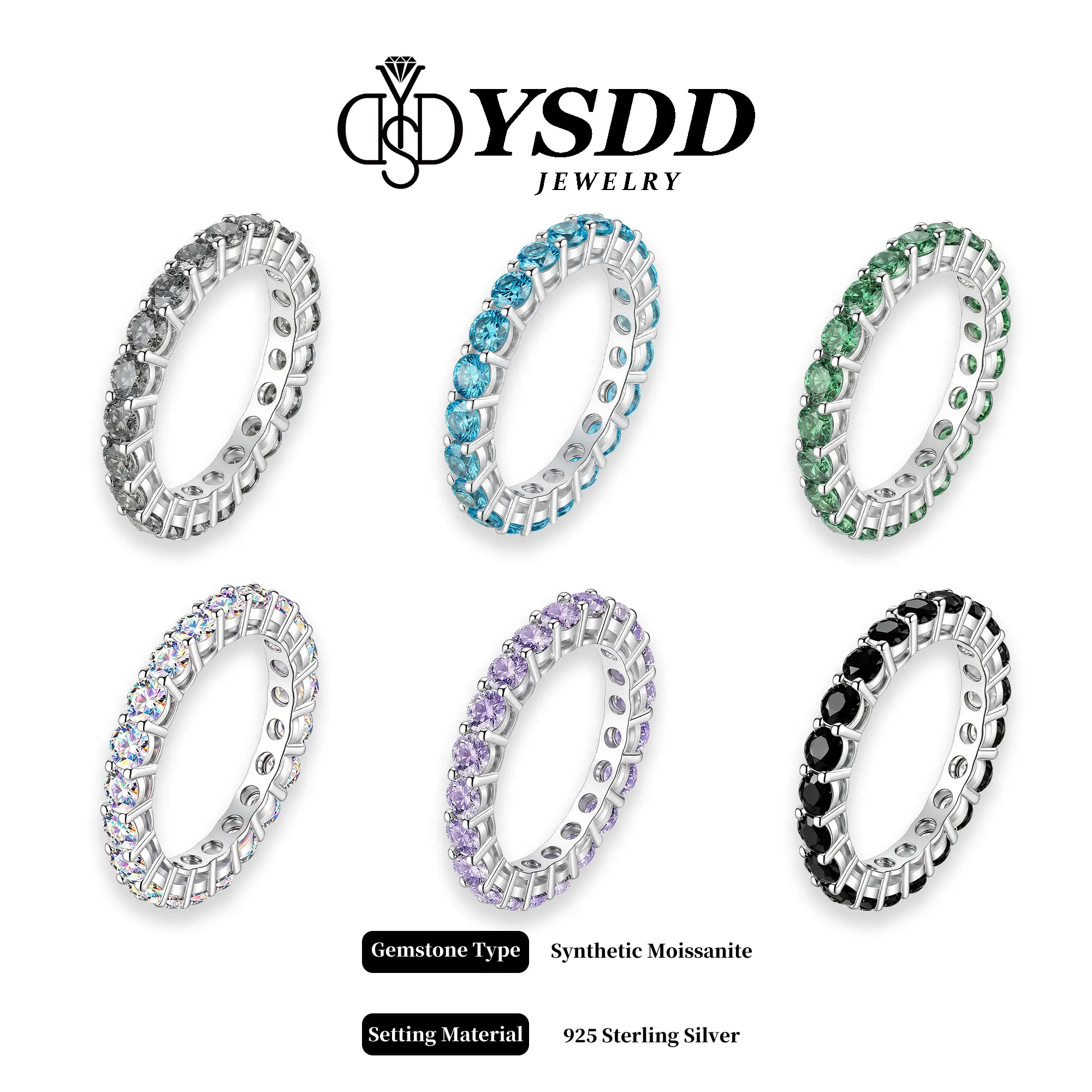 【#661 Ferris Wheel】Multicolored-colored 2mm Eternity Wedding/Stackable Band vvs Synthetic Moissanite Rings in 925 Sterling Silver