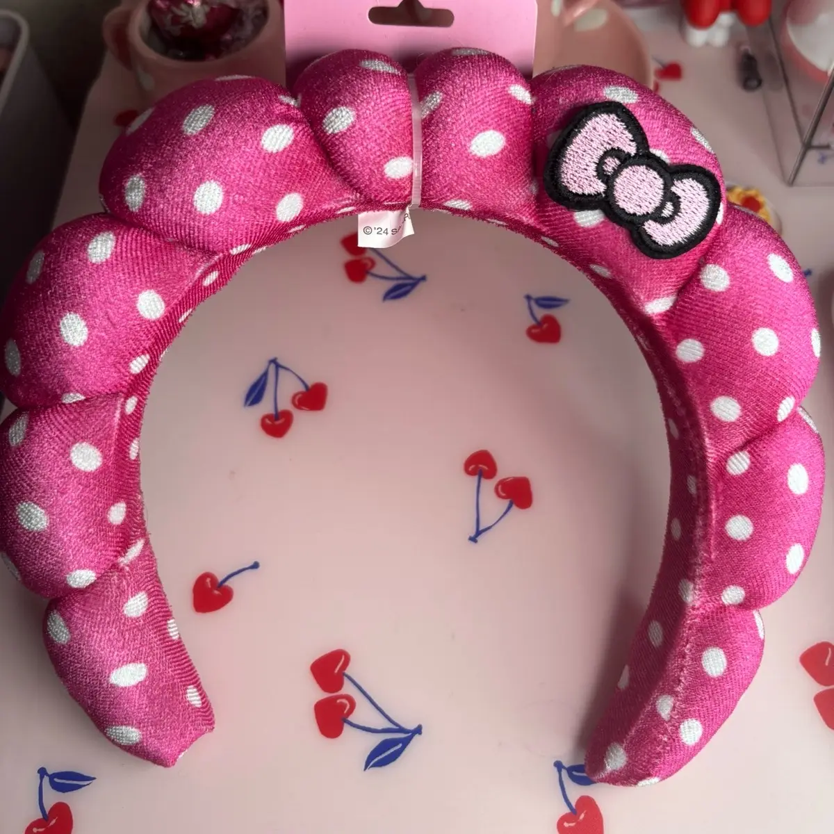 Cute Pink Polka Dot Spa Headband with Decorative Bow,Comfortable Fit, Soft absorbent Fabric Design