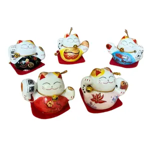 Traditional Ceramic Mini Maneki Neko Lucky Cat Figurine Set, 5-Piece 2-in Smiling Face Feng Shui Ornaments for Home & Entryway Decor, Prosperity & Fortune Gift-Ready Statues