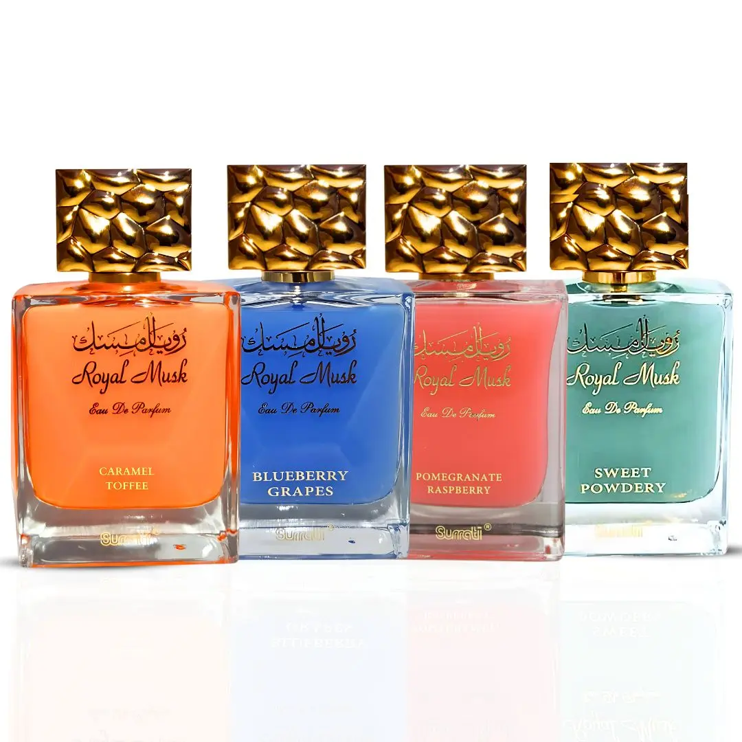 Royal Musk Caramel Toffee, Pomegranate Raspberry, Blueberry Grapes, Sweet Powdery Eau De Parfum Sprays 100ML (3.4 OZ) by Surrati (Bundle)