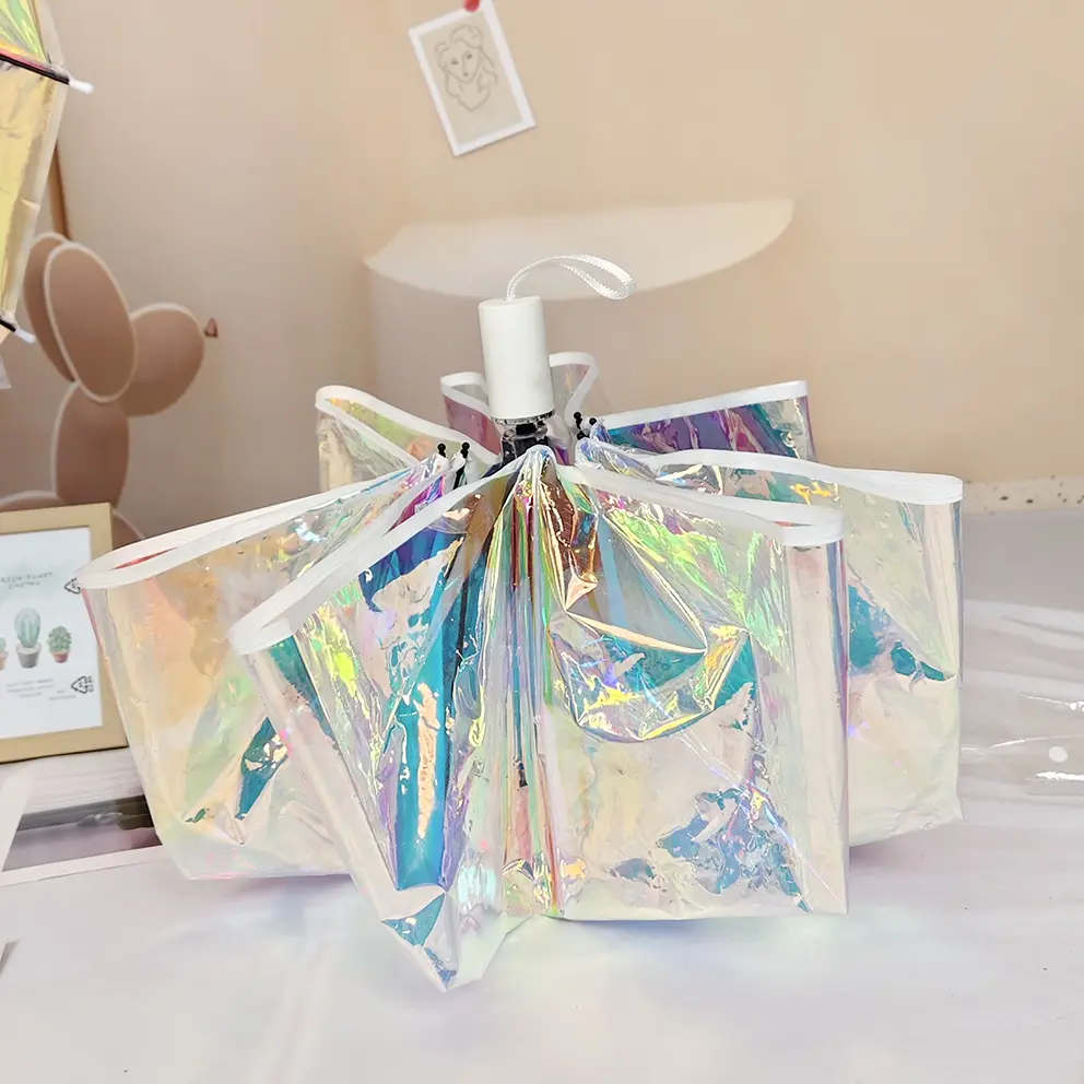 1pc Laser Rainbow Transparent Umbrella, Automatic Thickened Foldable Portable Rain Umbrella Folding Umbrella Creative Rainproof Windproof, Student Gift, Christmas Present, Fully Automatic Umbrella