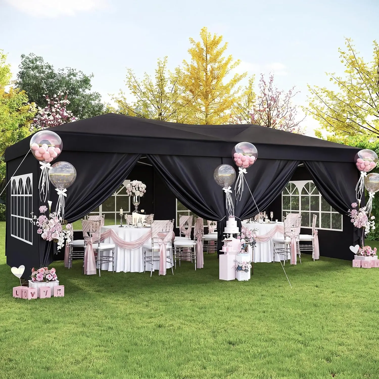 Aoxun Rectangular Foldable Canopy Tent, 10x20 ft Polyester Sturdy Pop Up, 1-Push Instant Setup, Portable Frame, 3 Adjustable Heights, Weather Resistant Sun Protection Shelter with Sidewalls, 6 Reinforced Anchors for Weddings, Market Stalls, Water Resistan