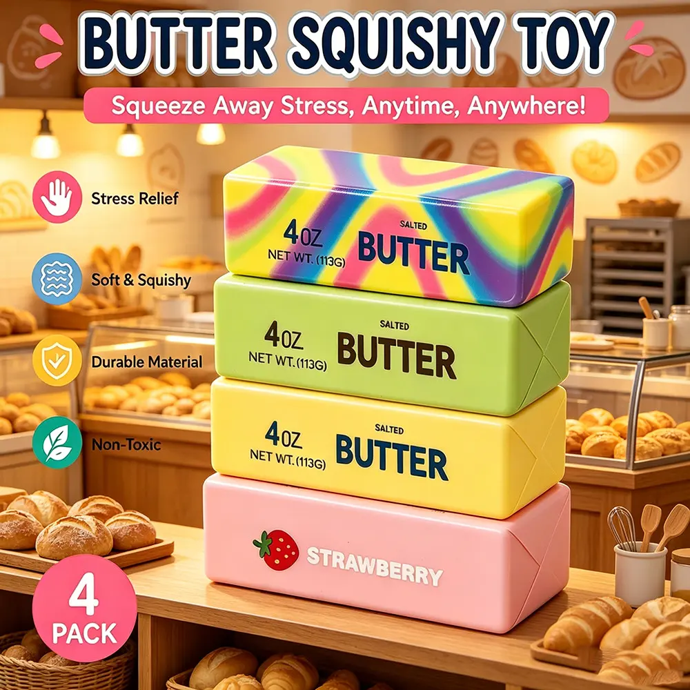 4-Pack New Butter Squeeze Stress Relief Toy, Ultra Soft Slow Rebound Squishies Press Toy, Vibrant Realistic Butter Stick Design, Anxiety Relief Sensory Toy