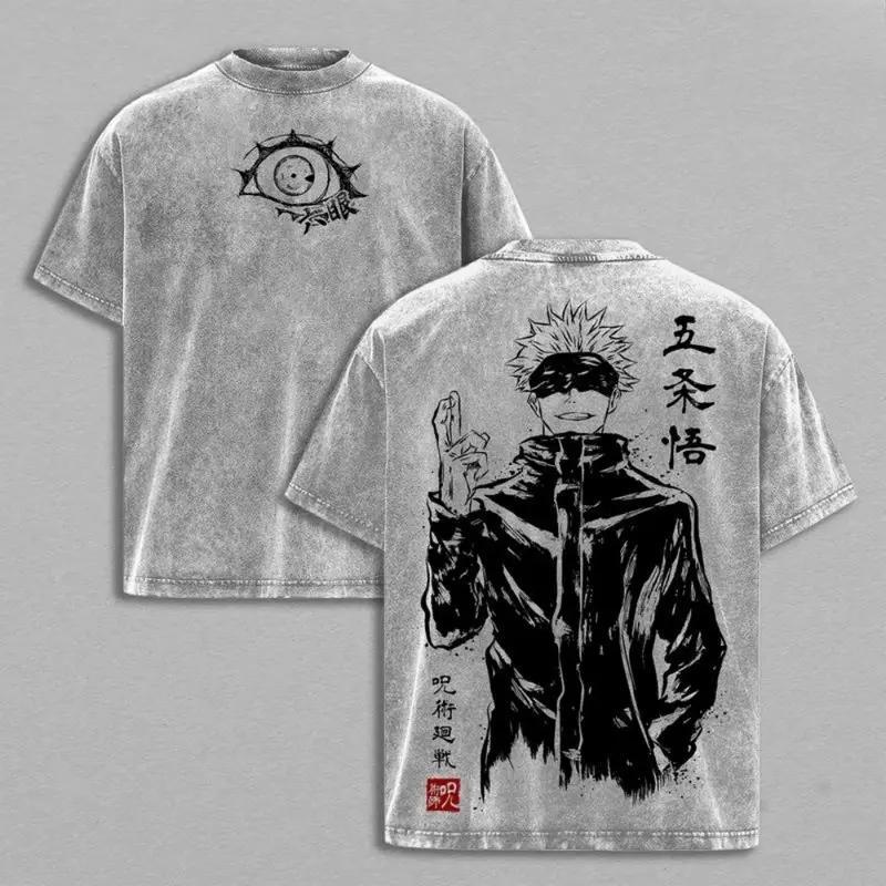Gojo Satoru Tee Washed – Jujutsu Kaisen: Execution Shibuya Incident Compilation & Culling Game Prelude Vintage Oversized Heavy Cotton Anime Manga T-Shirt, Double Printed Retro Unisex Streetwear Graphic Top, Japanese Anime Merch for Sorcerer Fans