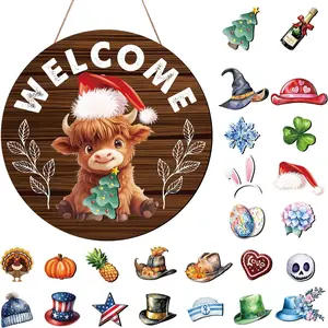 Interchangeable Welcome Sign for Front Door, Highland Cow Welcome Sign with Interchangeable Holiday Magnet Swappable Pieces, Wooden Home Hanging Decor