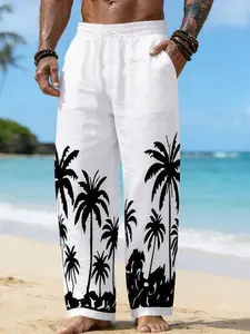 Men's Loose Fit Hawaiian Beach Vacation Casual Print Straight Leg Linen Pants, Four Seasons Comfortable Long Trousers for Men