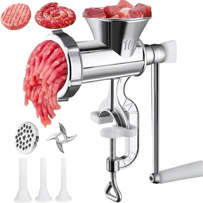Stainless Steel Manual Meat Grinder - Hand-Crank Kitchen Food Processor for Home Use, 3 Sausage Funnels, Kitchen Accessories for Pork, Chili Making