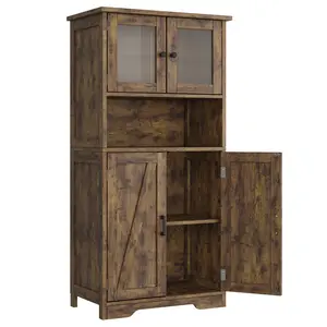 Brown 3-Tier Freestanding Cupboard, Tall 4-Door Indoor Storage Cabinet with Adjustable Shelves for Living Room, Bathroom