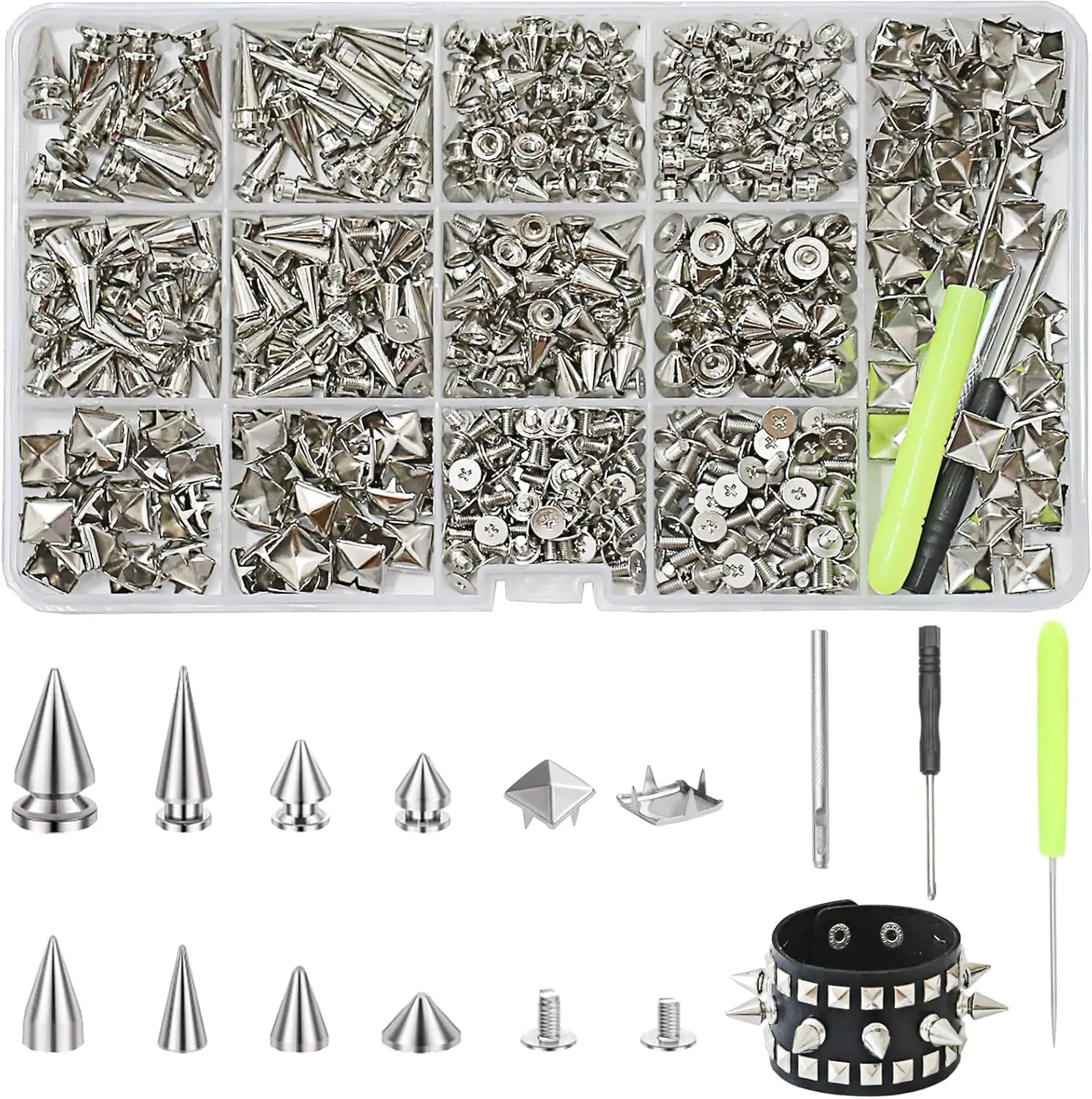 600 Sets Punk Studs and Spikes Kit，8 Size Cone Spikes and Square Pyramid Studs for Clothing,Metal Tree Spikes Studs for Leathercraft and Punk Style Clothing Accessories DIY Craft Decoration