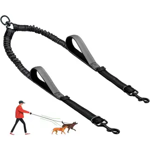 No Tangle Splitter Leash for Two Dogs, Coupler with Adjustable Long Lead Rope, Dual Control Handles, Retractable No Pull Bungee for Walk Train Small Medium Large 2 Pets (Grey)