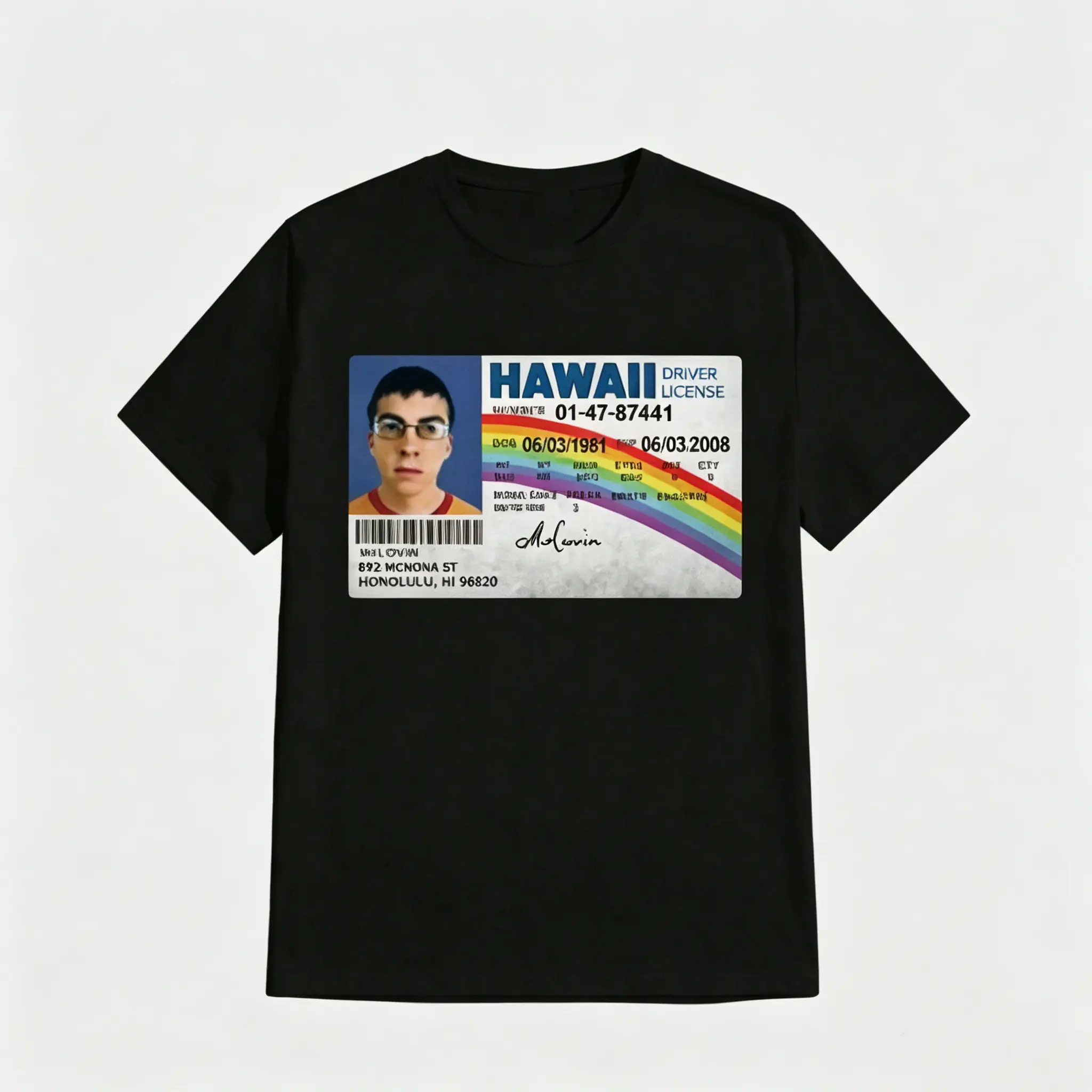 McLovin Hawaii Driver License Superbad Meme Graphic Tee| Y2K Funny Streetwear T‑Shirt