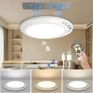 Rechargeable motion sensor ceiling light with remote — battery-operated wireless magnetic LED overhead light, dimmable with three color temperatures, no wiring required, renter-friendly for closet, pantry, hallway, porch, and patio