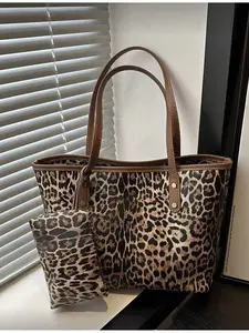 Women Two Piece Set Leopard Print Tote Bag Stylish Retro PU Leather Shoulder Bag for College Students Newbies and White Collars Suitable for Office Campus Work Business Commute Outdoor Travel
