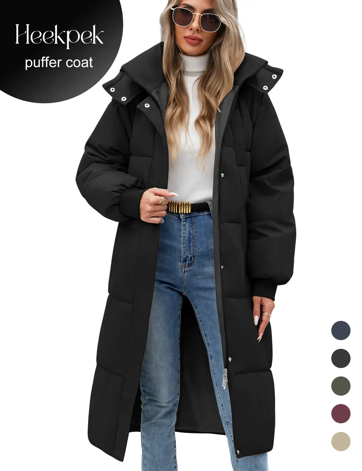 【Early Bird Price】HEEKPEK Women's Long Quilted Hooded Winter Padded Coat - Black Solid Minimalist Outerwear, Long Sleeves, Zip-Up Closure, Practical Pockets, Casual Fitted Design, for Outdoor Use