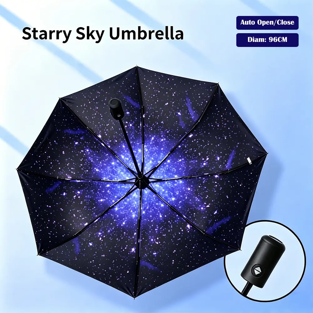 1-Touch Automatic 3-Fold Stainless Steel Umbrella with Velcro Closure, Galaxy/Scandinavian Star Pattern Designs (Starry Sky, Starry Dots, Blue Sky White Cloud), Windproof, Waterproof, UV50+ Sun Protection, Auto Open/Close for Car Travel, Outdoor Use