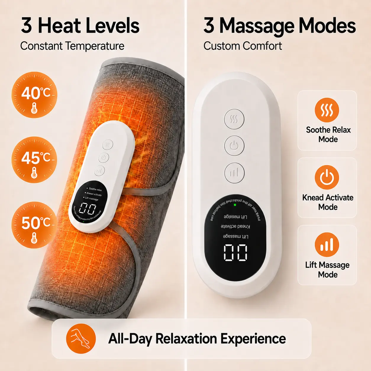 Three heat levels and three massage modes calf massager