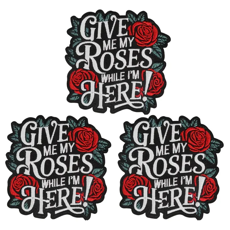 3 Pieces/Set Beginner Embroidery Iron-On Patches - "Give Me My Roses While I'm Here" Romantic Quote, Red Roses with Green Leaves, Easy-to-Use DIY Fabric Applique Badge for DIY Projects, Fashion Apparel, Bags