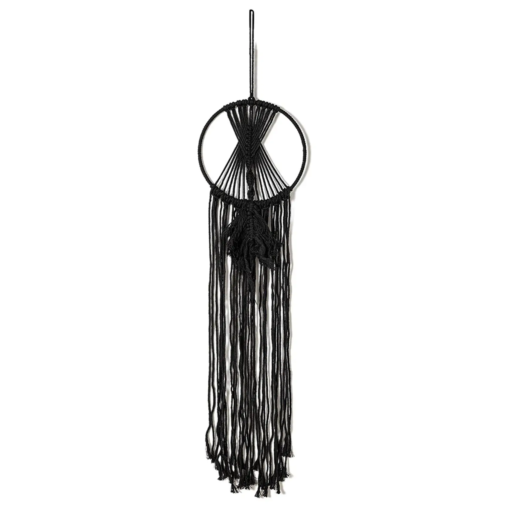 Thy Home Black Handmade Corded Cotton Macrame Dream Catcher - Light Weave Boho Wall Decor, Metal-Accented Tasseled Home Supplies, 29x8 in for Room Gifting, Valentine's Day Sleep Aid