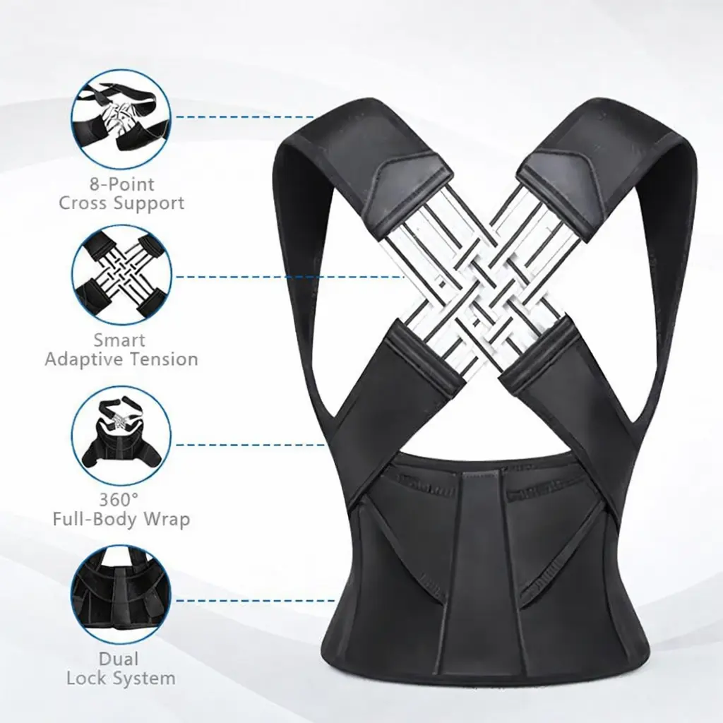 Adjustable Posture Corrector Back Brace - Prop 65 Safe, Elastic Neck & Shoulder Supports, Posture Straps, Adjustable Strap, Spine Support, Waist Girdle Hold, Ab Belt Back, All-Seasons Alignment Aid for Men & Women (Black)