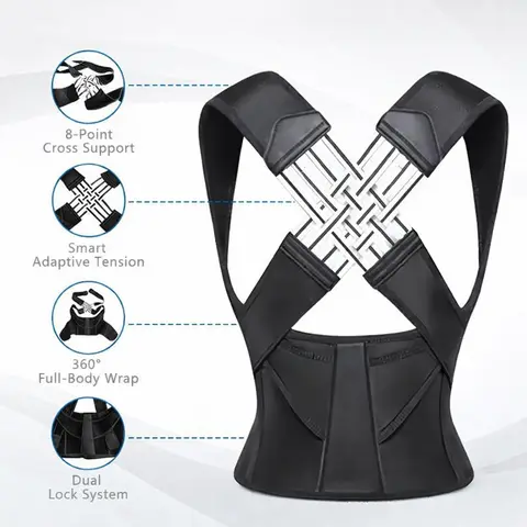 Adjustable Posture Corrector Back Brace for Adults - Prop 65 Safe, Elastic Neck & Shoulder Supports, Adjustable Posture Belt, Spine Support, Waist Girdle Hold, Ab Belt, All-Seasons Back Pain Relief Alignment Aid (Black)