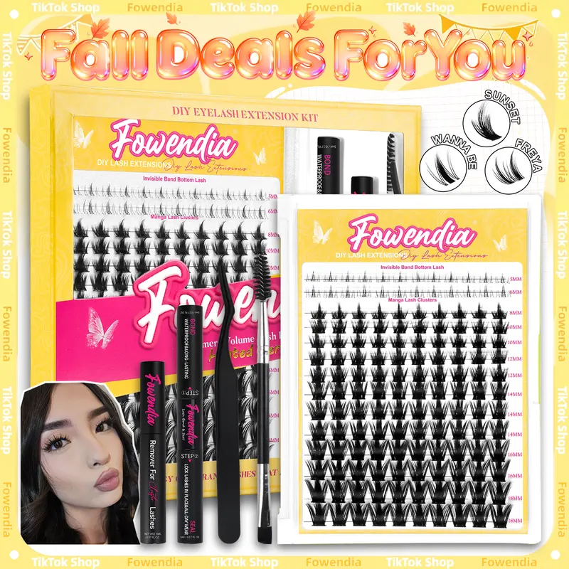 Fowendia California Sunset Wanna Be Freya Manga Lashes Cluster C D Curl DIY Lash Extension Kit and Lash Clusters 8-18mm with Bond Seal and Remover - Ultra-Thin Transparent Bands, Lash Magic Anime False Lash Extension Kit dealsforyoudays
