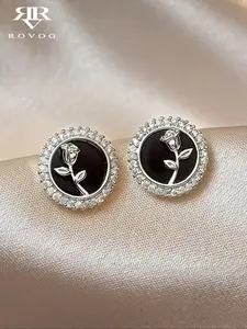 French Minimalist Rose Flower Stud Earrings, Full Drill Glass Inlay, Elegant Sweet Cool Style, Women's Daily Fashion Jewelry