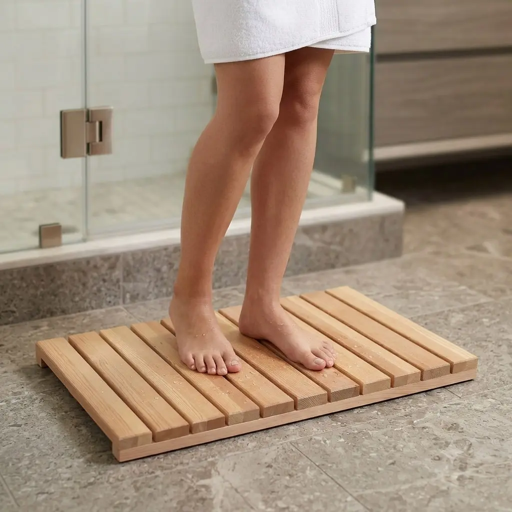 Cedar Solid Wood Bathroom Mat - Slatted Shape Rectangular Non-Slip Floor Pad with Rubber Feet, 24x16 in Standard Size, for Indoor Spa Sauna (Sports & Outdoor Fitness Accessory)