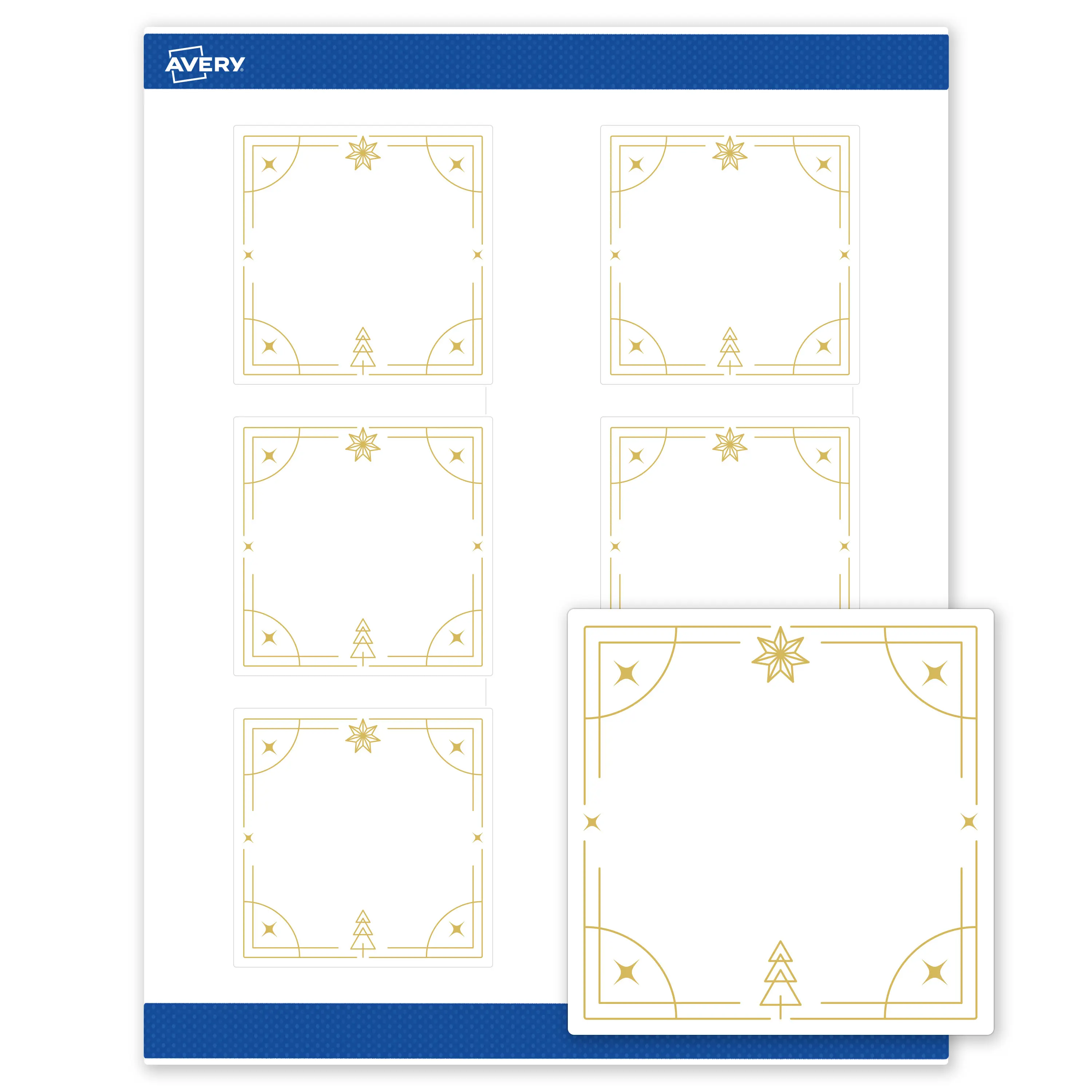 Avery® Printable Christmas Labels with Sure Feed® Technology, Square, 3" x 3", Pre-Printed Metallic Gold Christmas Trees Design, Matte White, Laser & Inkjet Compatible, 60 Total