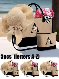 Women's Beach Bag Set with Shoulder Strap, Hat & Makeup Pouch, Personalized Gift Bag, Wave Pattern Sun Hat, Spring Summer Vacation