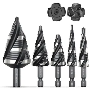 Four Spiral Flute Step Drill Bit Set, 5 count HSS Step Drill Bits (1/8"-/8") Unibit Step Drill Bit, 1/4" and 3/8" Shank Step Bits for , , Plastic, Metal