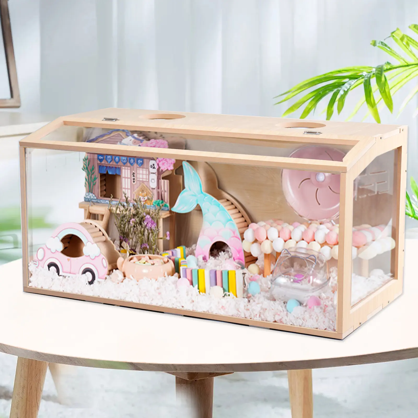Wooden Small Animal Habitat - 23.6in Spacious Enclosure with 210° Flip-Top Lid, Slide-Out Base, Well-Ventilation for Hamsters, Guinea Pigs