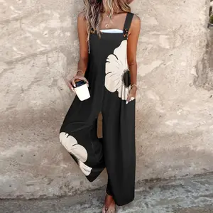 ChicMe Women's Floral Pattern Thick Strap Ruched Jumpsuit Casual Loose Fit Overall with Pockets