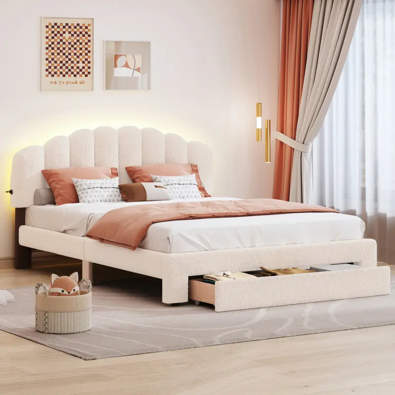 [Bellemave]Teddy Fleece Queen Size Upholstered Platform Bed with Drawer