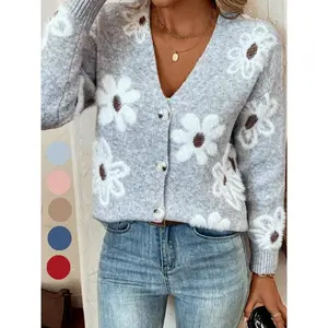 Plus-size floral print button-front cardigan with drop shoulders and a V-neck, casual knitwear for fall and winter; women’s plus-size clothing for everyday wear
