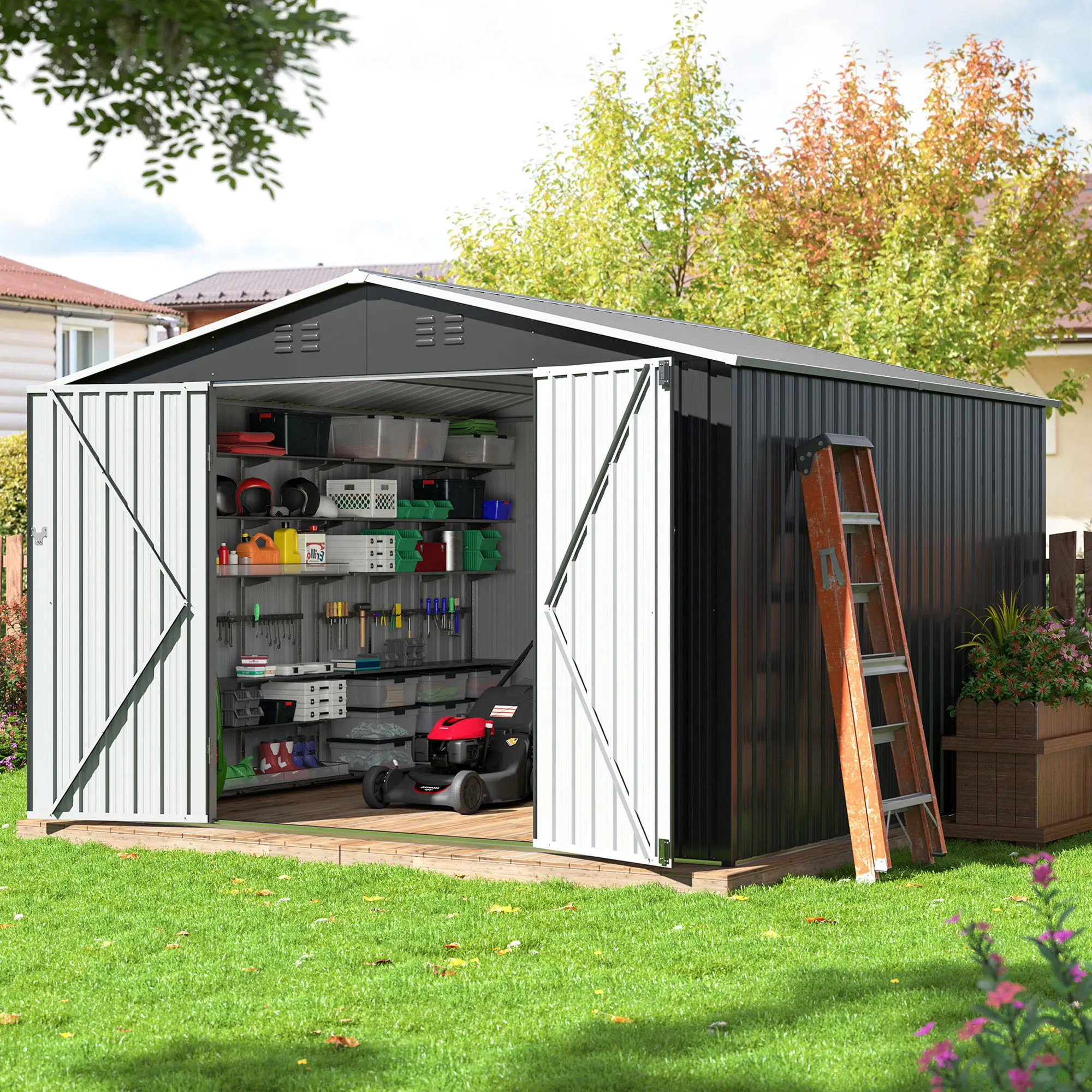 Outdoor Storage Shed - A Weatherproof Metal Utility Shed equipped with a Door and Ramp Access, Perfect for Exterior Applications in Gardens, Backyards