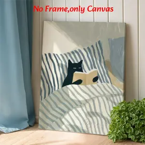 Humorous Wall Art, Cozy Black Cat Reading In Bed Poster, Minimalist Warm Style Printing, Blue White Beige Tone Canvas Decoration, Cute Artwork, Living Room & Bedroom Aesthetic, Perfect Housewarming Gift, Modern Home Decor, Framed.