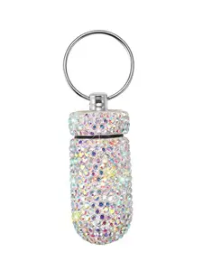 Rhinestone Decor Pill Case Keychain, Waterproof Pill Holder with Keychain, Charm, Medicine Dispenser Bottle Storage for Outdoor Camping Travel