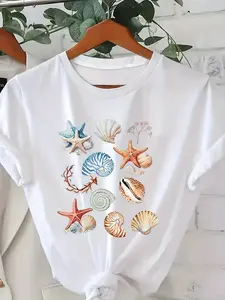 Women's Nautical Beach T-Shirt - Shell Starfish & Snail Print Soft Short Sleeve Round Neck Top Suitable for All Seasons Casual Summer Wear Pool Party Outfits Machine Washable Blouse-style for All Branch Locations (No Transparency)