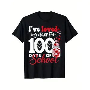 I've Loved My Class for 100 Days of School" Teacher T-Shirt - Black Cotton, Short Sleeve, Crew Neck, Casual Style, Perfect Valentine's Gift for Educators, Sizes S-XXXL, Teacher Appreciation Gift|Crew Neck Tee|Cotton Tshirt graphic tee