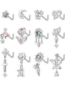 12Pcs Dangle Nose Rings Studs Surgical Steel L Shaped Nose Rings Set for Women Cute Flower Butterfly Wing Dangling Nose Piercing Jewelry 20G