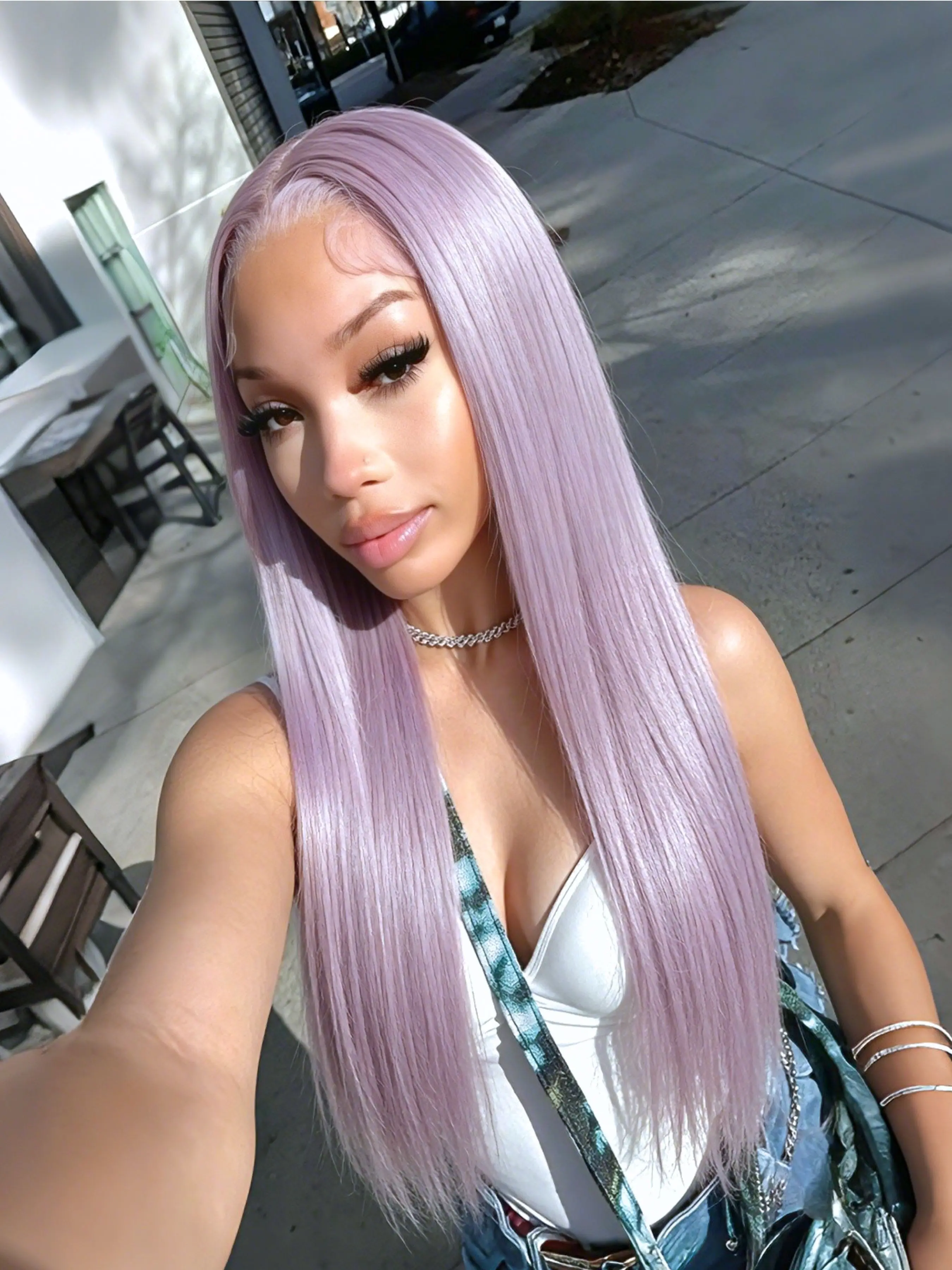 Lilac Frost Straight Lace Front Wig 28 Inch Long Heat-Resistant Synthetic Hair 13x4 HD Transparent Lace Pre-Plucked Hairline Free Part Soft Glam Wear Synthetic Lace Wigs