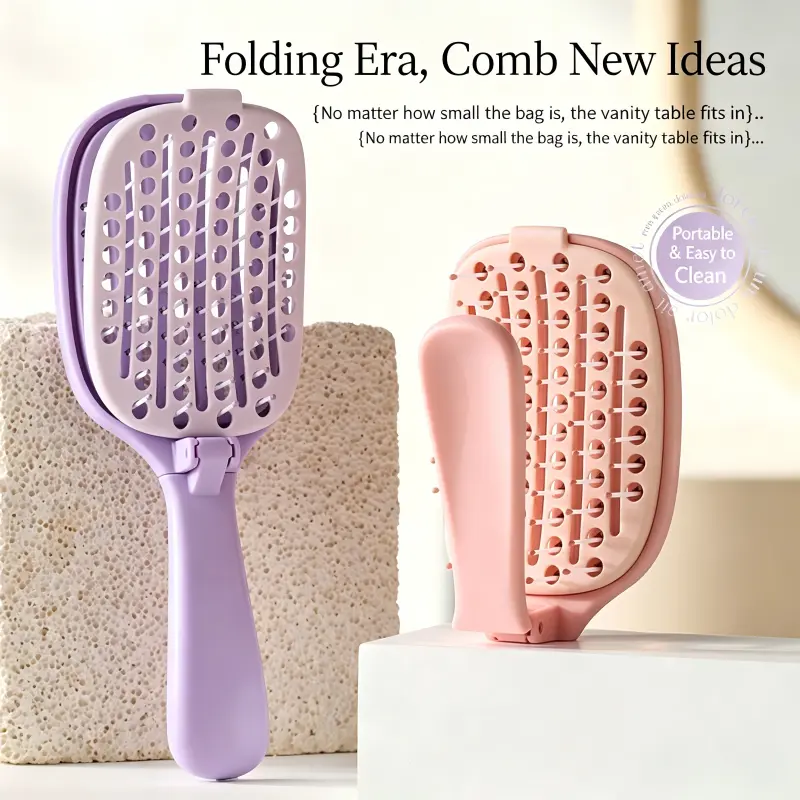 Foldable Hair Brush for Travel, Self-Cleaning Pocket Brush that Detangles Easily - Portability Key for All Hairs, For Men & Women, Curly