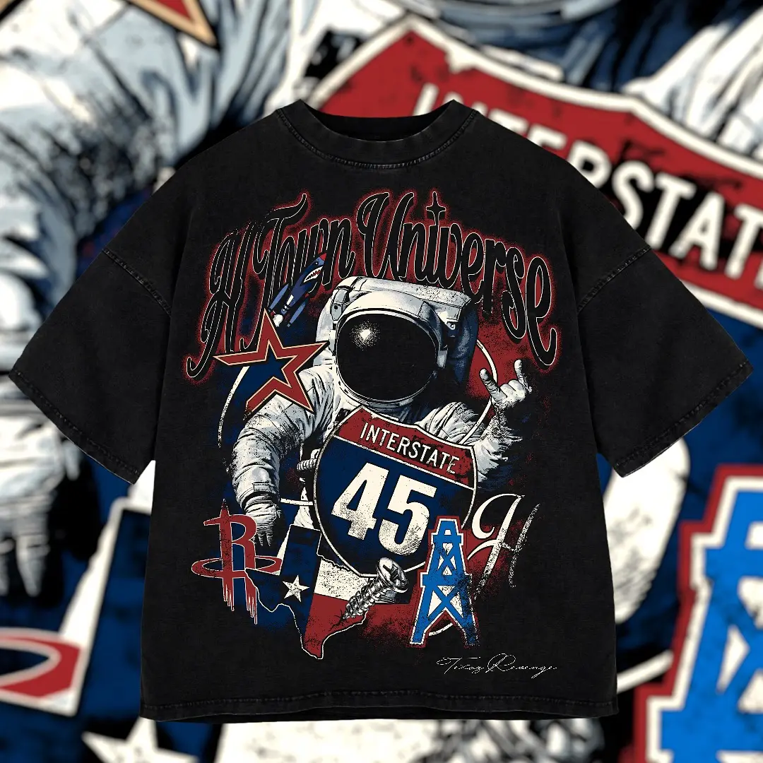 H-Town Universe 45 Texas Washed T-Shirt For Men, Graphic Vintage Acid Wash Heavy Cotton Tee, Streetwear Oversized Cowboys Texas Mexican Fans, Made In US