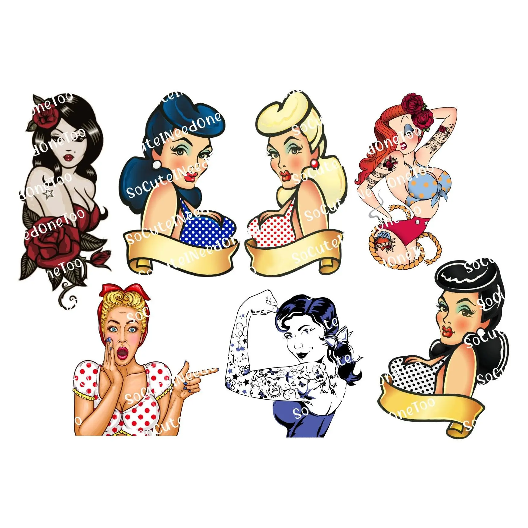 Pin Up Girls White Waterslide Decals - Laser Printer Compatible Waterslide Paper Stickers, Retro Vintage Glam Art for Tumblers, Ideal for DIY Craft Projects
