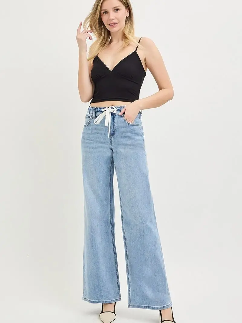 RISEN Elastic Band Slouchy Wide Jeans with Drawstring