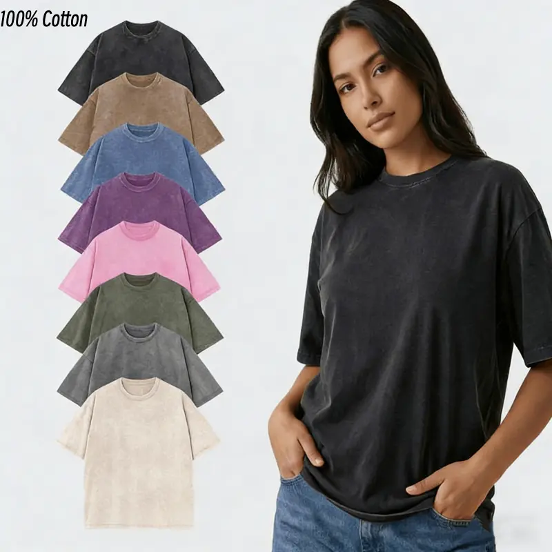 5 PCS Women Cotton T-Shirts Oversized Half Short Sleeves Casual Loose Soild Streetwear Tops, Unisex Retro Street T-Shirts, Loose Fit Acid Washed Baggy Basic