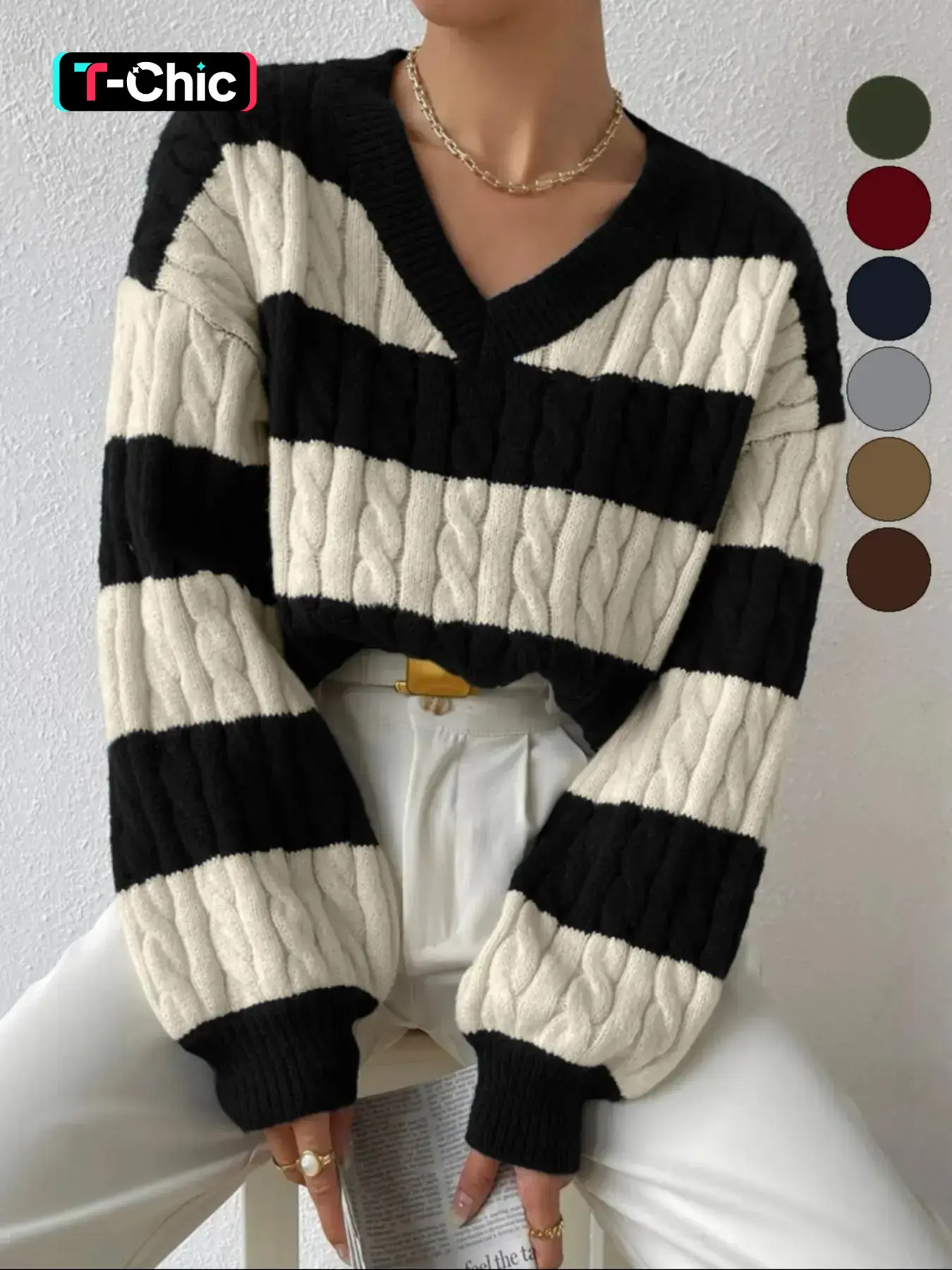 Women's Cable Knit Color Block Striped V Neck Loose Oversized Baggy Fit Sweater Knitwear, Casual Long Sleeve Drop Shoulder Jumper Pullover Tops for Autumn & Winter, Korean Aesthetic Style Clothes Womenswear