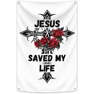 Jesus God Christian Cross Flag Jesus Saved My Life Tapestry Inspirational Christian Wall Hanging Flag for Home Office Living Room