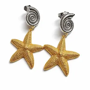 TEIKET Golden Ocean Star Drop Earrings Coastal Statement Two-Tone Silver Shell & Gold Starfish Textured High-Shine Lightweight Secure Stud Backing